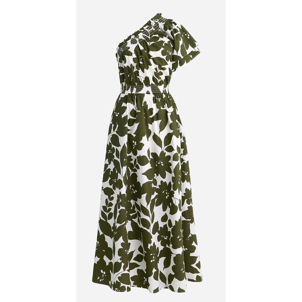J.Crew Smocked Cotton Poplin One-Shoulder Dress Leafy Floral Green White BR404 S